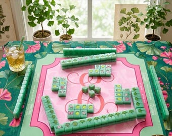 Pink and Green Ginkgo Mahjong Mat - Botanical Floral Mahjong Table Mat with Charleston Guides - Preppy Mahjong Accessories - Neoprene