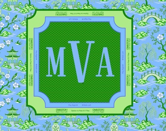 Mahjong Mat - Toile Preppy Mahjong -  Custom Monogram - Blue & Green Toile Two Toned