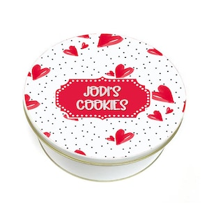 Valentines Love Dots Cookie Tin - Love Dots Cookie Tin - Biscuit Tin - Personalized Cookie Tin - Custom Baking Gift -  Round Metal Tin