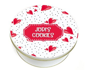 Valentines Love Dots Cookie Tin - Love Dots Cookie Tin - Biscuit Tin - Personalized Cookie Tin - Custom Baking Gift -  Round Metal Tin