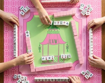 Personalized Mahjong Mat - Pink Green Pagoda, Monogrammed Game Mat