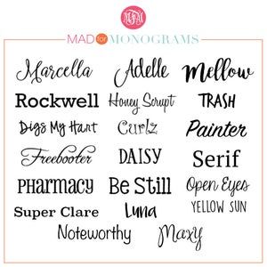 May include: A collection of cursive and printed font names, including "Marcella", "Adelle", "Mellow", "Rockwell", "Honey Scrupt", "TRASH", "Digs My Hart", "Curlz", "Painter", "Freebooter", "DAISY", "Serif", "Pharmacy", "Be Still", "Open Eyes", "Super Clare", "Luna", "Yellow Sun", "Noteworthy", and "Maxy".