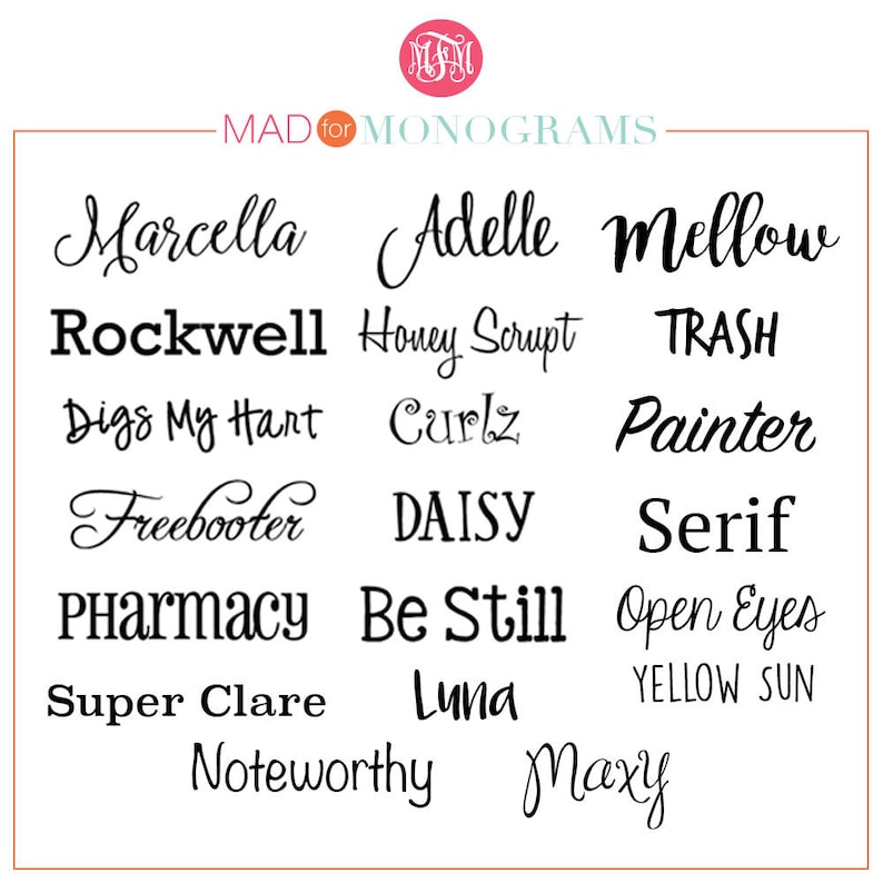 May include: A collection of cursive and printed font names, including "Marcella", "Adelle", "Mellow", "Rockwell", "Honey Scrupt", "TRASH", "Digs My Hart", "Curlz", "Painter", "Freebooter", "DAISY", "Serif", "Pharmacy", "Be Still", "Open Eyes", "Super Clare", "Luna", "Yellow Sun", "Noteworthy", and "Maxy".