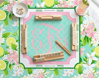 Mahjong Mat | Lemon Lime Floral | Custom Monogram Mahj Mat |  Neoprene Table Mat
