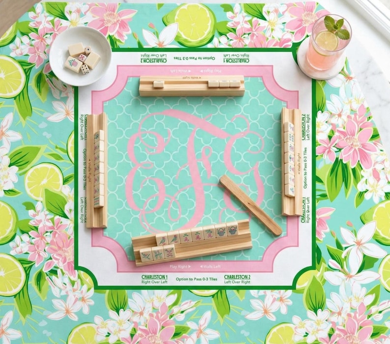 Mahjong Mat | Lemon Lime Floral | Custom Monogram Mahj Mat | Neoprene Table Mat image 1