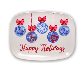 Personalized Christmas Serving Platter - Thermosaf Platter -Blue Baubles Platter - Custom  Platter - Personalized Holiday Tray