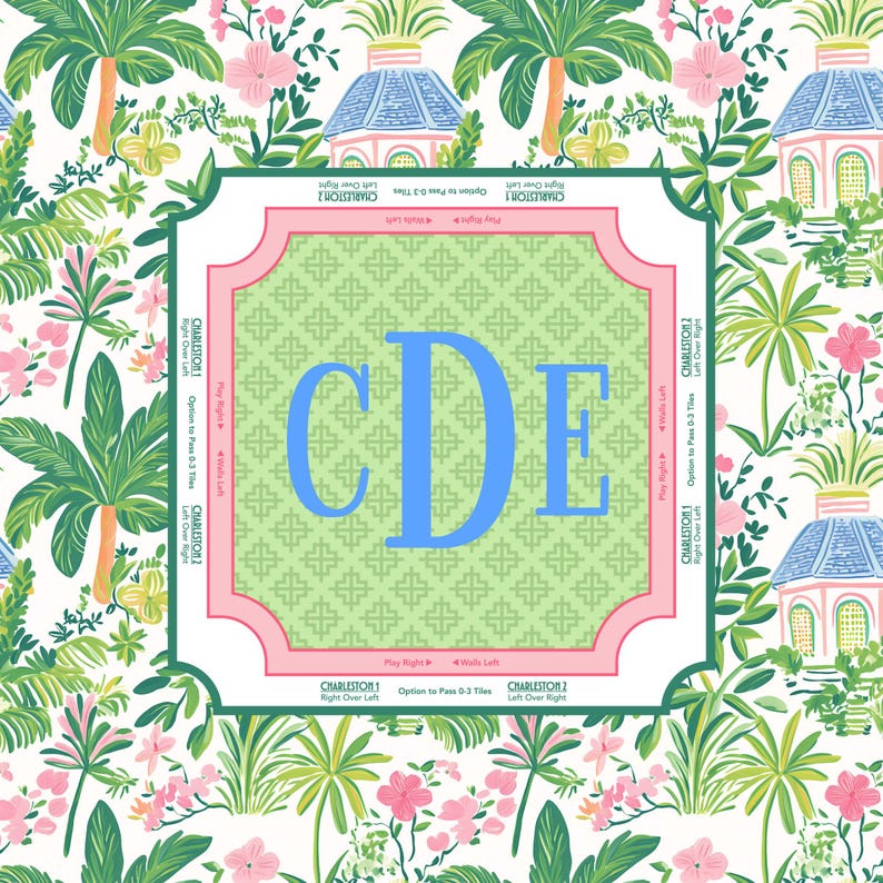 Puede incluir: Un cuadrado decorativo con las letras azules "CDE" en el centro, rodeado por un borde rosa y verde. El fondo presenta un patr&oacute;n floral tropical con palmeras, flores y peque&ntilde;os edificios. El texto alrededor del borde dice "Charleston 1" y "Charleston 2".