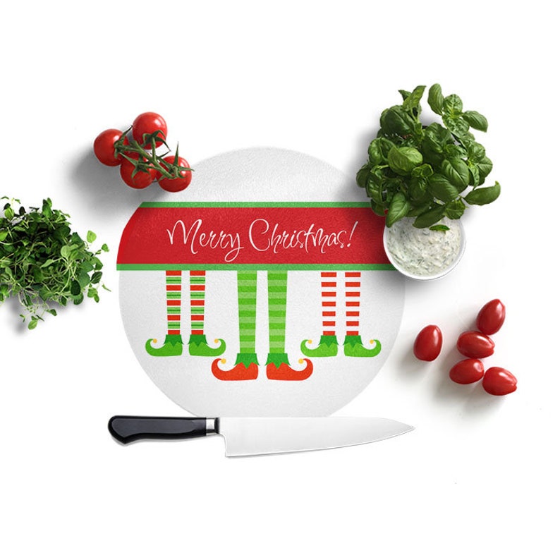Red and Green Elf Stocking Board Christmas Cutting Board Custom Name Cutting Board Glass Cutting Board Gift for Family