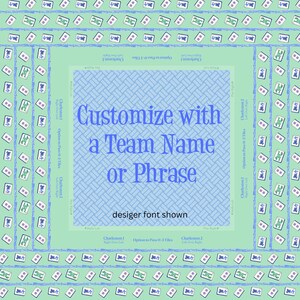 May include: A square Mahjong game mat with a light blue and green color scheme. The center features a light blue pattern with the text "Customize with a Team Name or Phrase." The border is decorated with Mahjong tiles.