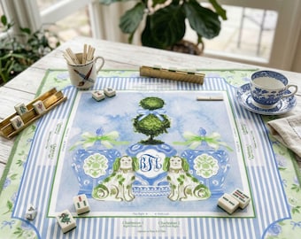 Staffordshire Dog Mahjong Mat - Custom Mat with Rules - Personalized Gift - Green & Blue Grandmillenial Design - Neoprene Game mat