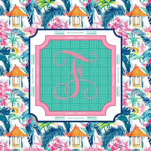 May include: A square, decorative design featuring a large pink letter "F" on a teal woven background, framed by a pink border. The background is a tropical pattern with toucans, pagodas, and foliage. Text includes "Charleston 1" and "Charleston 2".