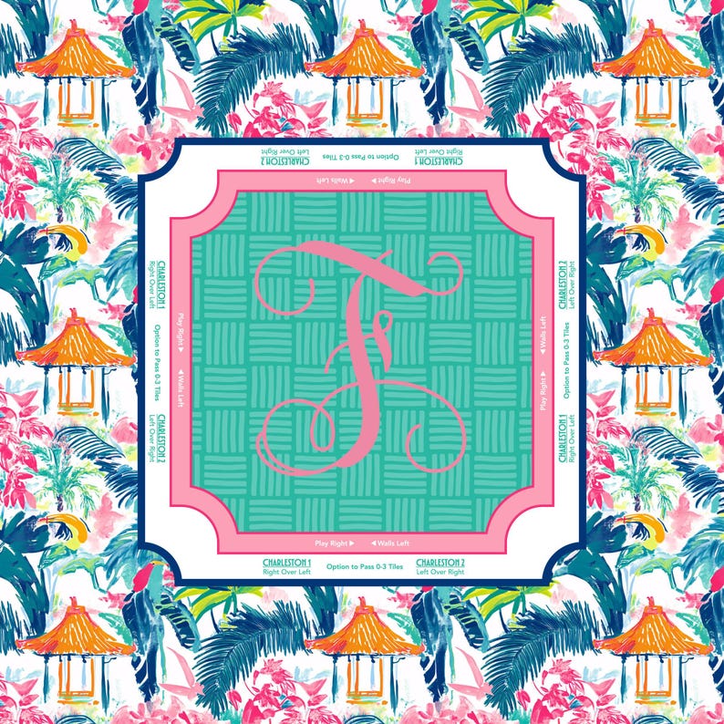 May include: A square, decorative design featuring a large pink letter "F" on a teal woven background, framed by a pink border. The background is a tropical pattern with toucans, pagodas, and foliage. Text includes "Charleston 1" and "Charleston 2".