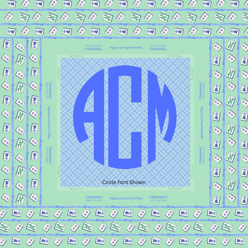 May include: A square, light green Mahjong game mat with a blue monogram in the center. The monogram features the letters "ACM" in a bold, blue circle. The mat has a repeating pattern of Mahjong tiles and text around the edges.
