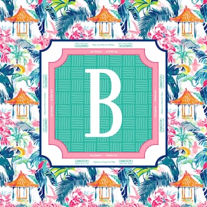 May include: A square, decorative design featuring a large white letter "B" on a teal background with a pink border. The design is set against a tropical floral pattern with toucans and pagodas.