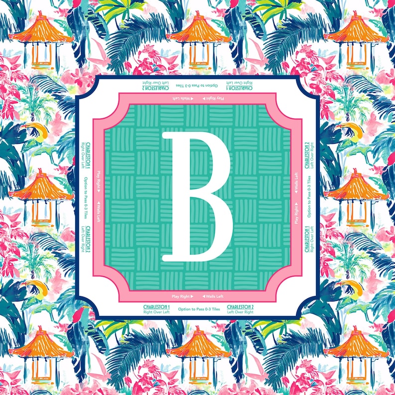 May include: A square, decorative design featuring a large white letter "B" on a teal background with a pink border. The design is set against a tropical floral pattern with toucans and pagodas.