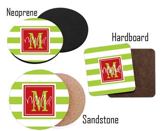 Personalize Your Own Christmas Coasters - Red or Green Stripes - Monogrammed Holiday Coasters