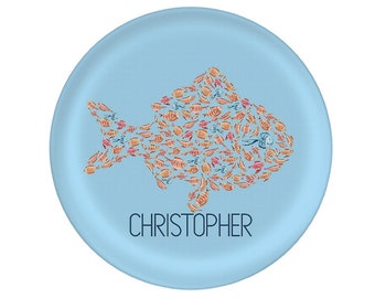 Watercolor Fish Plate Personalized - Picnic Plate - Blue Fish Plate - Custom Thermosaf Plate - Mad For Monograms