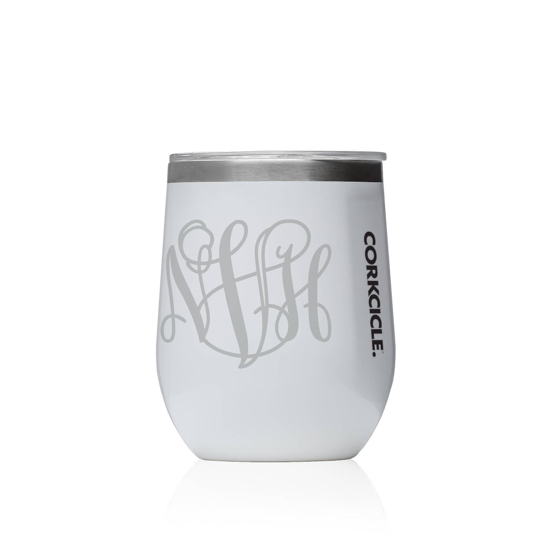 Corkcicle Wine Tumbler Engraved Monogramed White 12oz Stemless Wine
