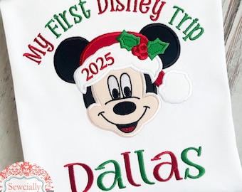 Embroidered First Trip Santa Minnie or Mickey Tee, Minnie Mouse Christmas Tee, Mickey Mouse Christmas, Mickey's Very Merry Christmas Party