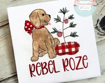 Embroidered Girly Puppy Christmas Tee, Girls Christmas t-shirt, Holiday Dog shirt, Southern Christmas Shirt, Girly Puppy with Tree Shirt