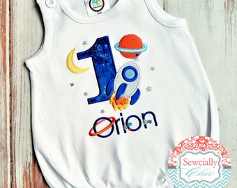 Embroidered Outer Space Birthday Sun Bubble,  Space Rocket Ship Birthday Bubble,  Two the Moon, First Trip Around the Sun
