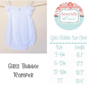May include: A white girls bubble romper with ruffled sleeves hangs on a clothesline. The text "GIRLS Bubble Romper" is below the romper. A size chart shows lengths from 16.1 inches to 19.4 inches for sizes 3-6 months to 2T.