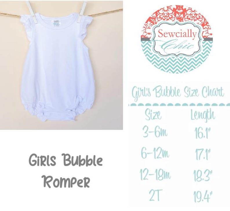May include: A white girls bubble romper with ruffled sleeves hangs on a clothesline. The text "GIRLS Bubble Romper" is below the romper. A size chart shows lengths from 16.1 inches to 19.4 inches for sizes 3-6 months to 2T.