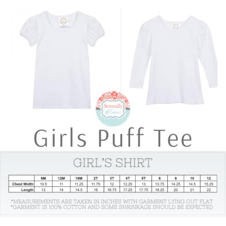 May include: Two white Girls Puff Tees, one short-sleeved and one long-sleeved, are displayed. The short-sleeved shirt has puff sleeves. The image includes a size chart with measurements in inches for chest width and length, ranging from 6 months to size 12.
