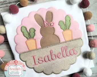 Embroidered Easter Tee, Girls Easter t-shirt, Girls Bunny Shirt, Easter shirt for Girls, Spring Girls Tee, Girly Bunny with Carrots tee