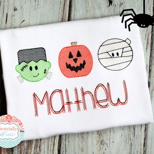 Boys Halloween shirt , Boys Halloween Trio shirt, Frankenstein Halloween shirt, Pumpkin and Mummy Applique tee, Embroidered Halloween Shirt