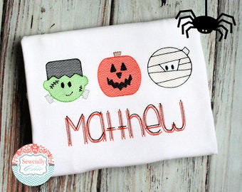 Boys Halloween shirt , Boys Halloween Trio shirt, Frankenstein Halloween shirt, Pumpkin and Mummy Applique tee, Embroidered Halloween Shirt