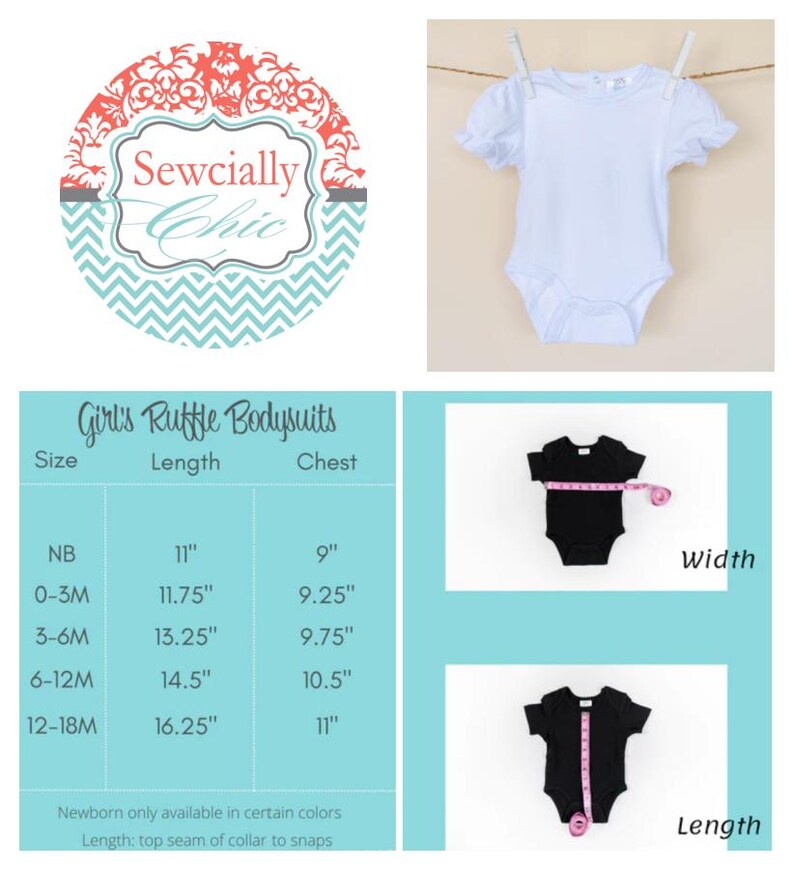 Puede incluir: Un body blanco de manga corta con volantes, el logotipo de Sewcially Chic y una tabla de tallas con medidas en pulgadas, desde 11 hasta 16.25 pulgadas de largo y de 9 a 11 pulgadas de ancho de pecho, junto a una cinta m&eacute;trica rosa.