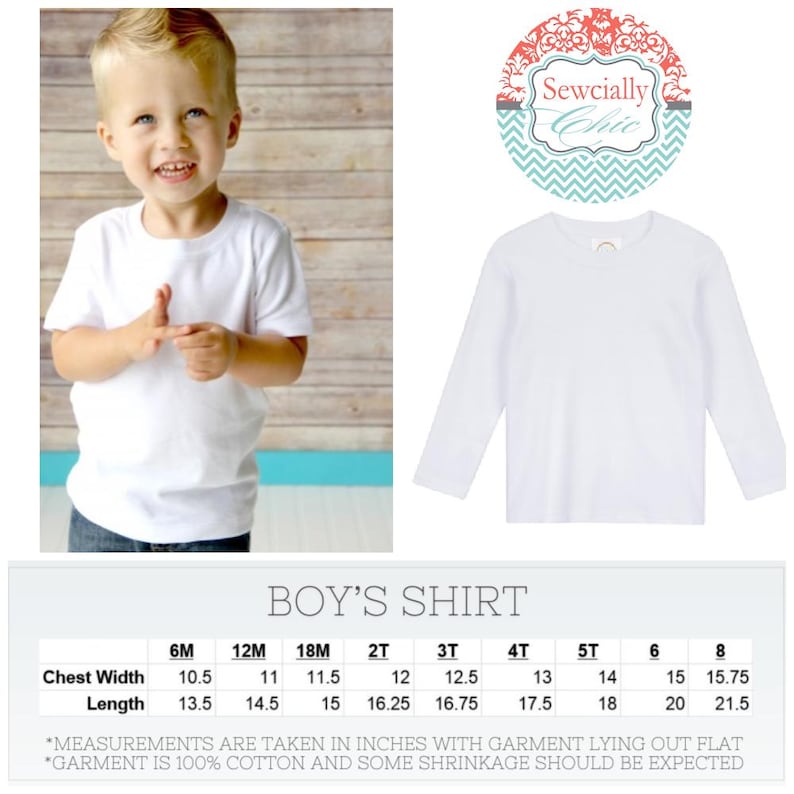 May include: A white long-sleeved shirt and a short-sleeved shirt are displayed. The image includes a chart with measurements in inches for boy's shirts, ranging from 6 months to size 8. The shirts are 100% cotton.