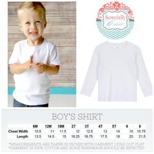 May include: A white short-sleeve shirt and a white long-sleeve shirt. The image also includes a chart with measurements in inches for a boy's shirt, ranging from 6 months to size 8. The text "Sewcially Chic" is in a circular logo.