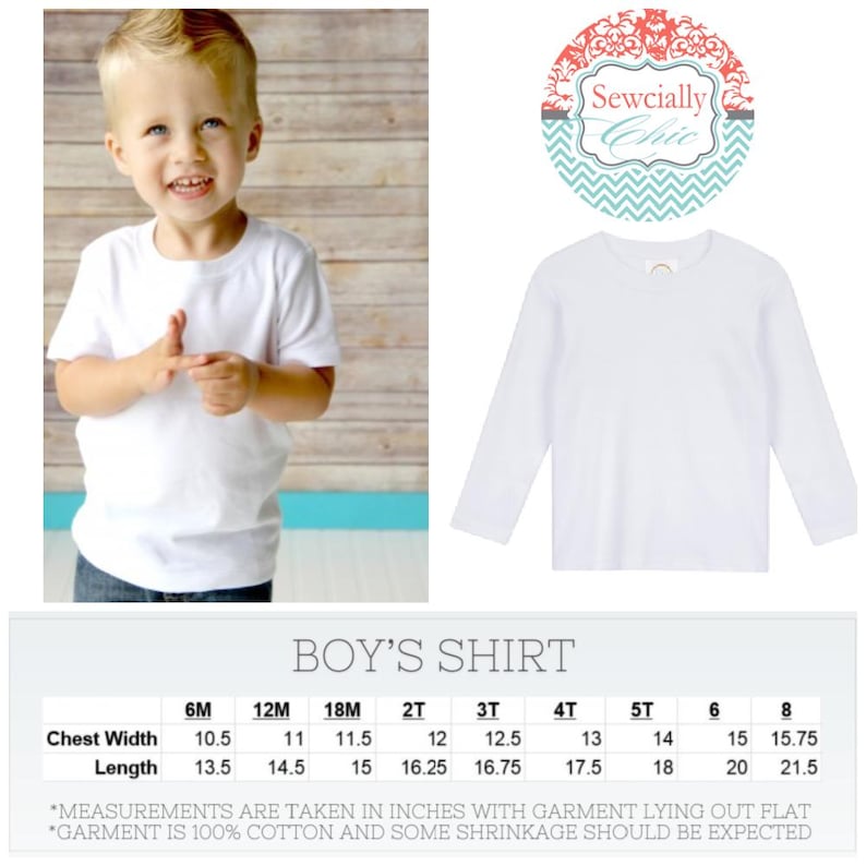 May include: A white short-sleeve shirt and a white long-sleeve shirt. The image also includes a chart with measurements in inches for a boy's shirt, ranging from 6 months to size 8. The text "Sewcially Chic" is in a circular logo.