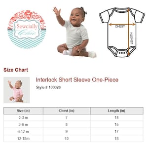 May include: A white interlock short sleeve one-piece baby bodysuit with a size chart. The chart shows chest measurements from 7 to 10 inches and lengths from 14 to 18 inches. The image also includes a baby wearing a similar bodysuit.