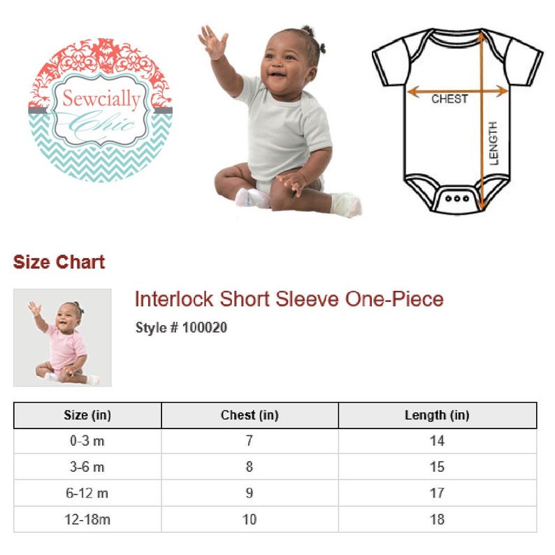 May include: A white interlock short sleeve one-piece baby bodysuit with a size chart. The chart shows chest measurements from 7 to 10 inches and lengths from 14 to 18 inches. The image also includes a baby wearing a similar bodysuit.