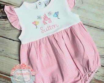 Embroidered Disney Castle Bubble,  Disney Princess, Disneyland outfit, Baby Girl's Disney outfit, Toddler girls Disney Bubble Romper