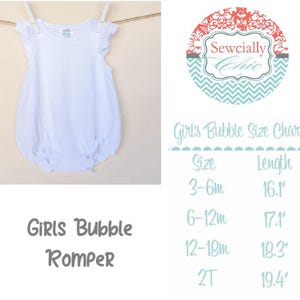 May include: A white girls bubble romper with flutter sleeves is hanging on a clothesline. The image includes a size chart with measurements in inches. The text "GIRLS Bubble Romper" is displayed below the romper.