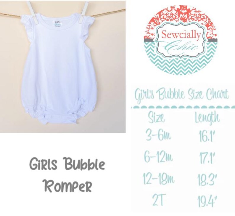 May include: A white girls bubble romper with flutter sleeves is hanging on a clothesline. The image includes a size chart with measurements in inches. The text "GIRLS Bubble Romper" is displayed below the romper.