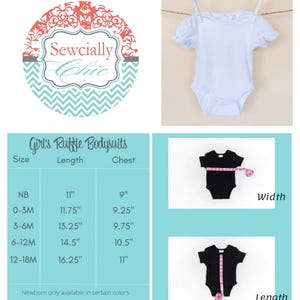 May include: White ruffle bodysuit for babies, hanging on a clothesline. The image includes a size chart for the bodysuits, with measurements in inches for length and chest. The brand logo "Sewcially Chic" is also visible.