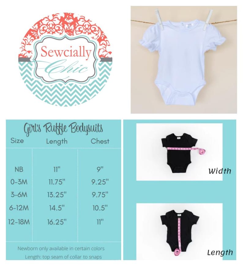 May include: White ruffle bodysuit for babies, hanging on a clothesline. The image includes a size chart for the bodysuits, with measurements in inches for length and chest. The brand logo "Sewcially Chic" is also visible.
