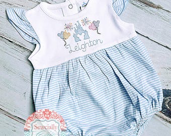 Baby Blue Embroidered Disney Castle Bubble,  Disney Princess, Disneyland outfit, Baby Girl's Disney outfit, Toddler Disney Bubble Romper