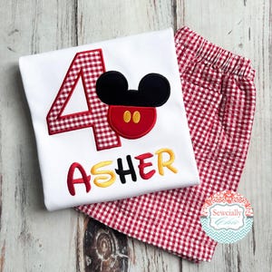 May include: White t-shirt with a red and white gingham "4" and a Mickey Mouse design. The name "Asher" is embroidered in red, yellow, and black. Red and white gingham shorts are included.