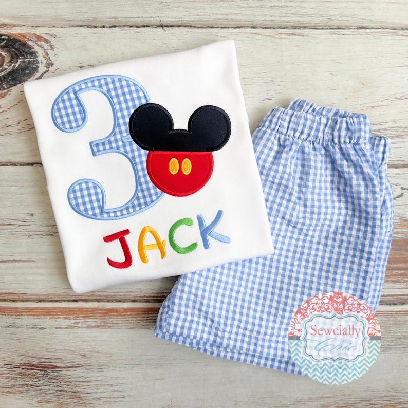 Mickey Birthday Outfit, Boys Mickey Birthday, Boys first birthday, Disney first birthday outfit, Mickey Mouse with Three, Mickey Mouse Shirt image 2