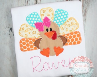 Embroidered Girly Turkey Tee, Girls Fall t-shirt, Girls Thanksgiving Shirt, turkey shirt, Thanksgiving applique shirt