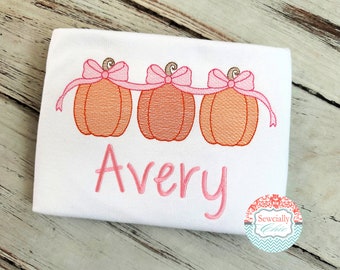 Embroidered Girly Pumpkin Tee, Girls Fall t-shirt, Girls Thanksgiving Shirt, Pumpkin shirt, Southern Thanksgiving Shirt, Pumpkins with bows