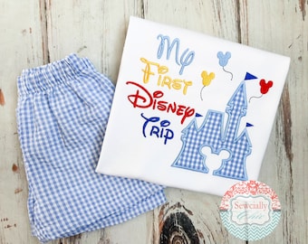 Embroidered Gingham First Disney Trip Set,  First trip to Disney, Disneyland shirt, Disney World Outfit, First Disney Trip outfit, Disney