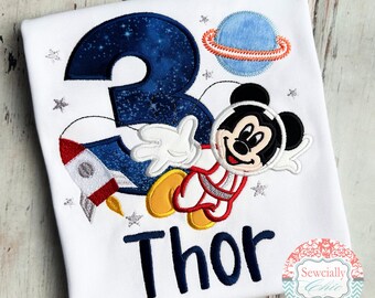 Embroidered Mickey Space Birthday Tee,  Disney Outer Space Birthday Shirt,  Reach Four the Stars, Two the Moon, First Trip Around the Sun