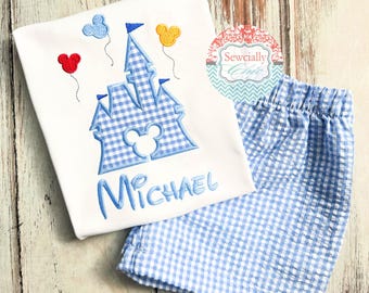 Embroidered Gingham Disney Trip Set,  Boys Disney outfit, Disneyland shirt, Disney World Outfit, First Disney Trip outfit, Disney Castle Tee